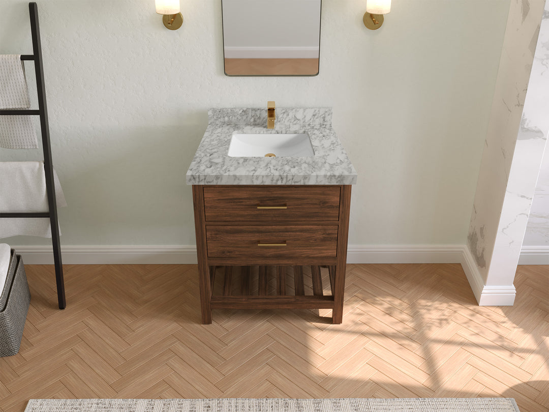 Parker Teak  30 in. W x 22 in. D Single Sink Bathroom Vanity in Dark Walnut with 2 in Carrara Marble Countertop – Top View