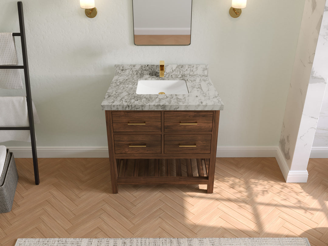 Parker Teak  36 in. W x 22 in. D Center Sink Bathroom Vanity in Dark Walnut with 2 in Carrara Marble Countertop – Top View