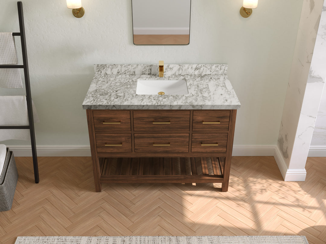 Parker Teak  48 in. W x 22 in. D Single Sink Bathroom Vanity in Dark Walnut with 2 in Carrara Marble Countertop – Top View