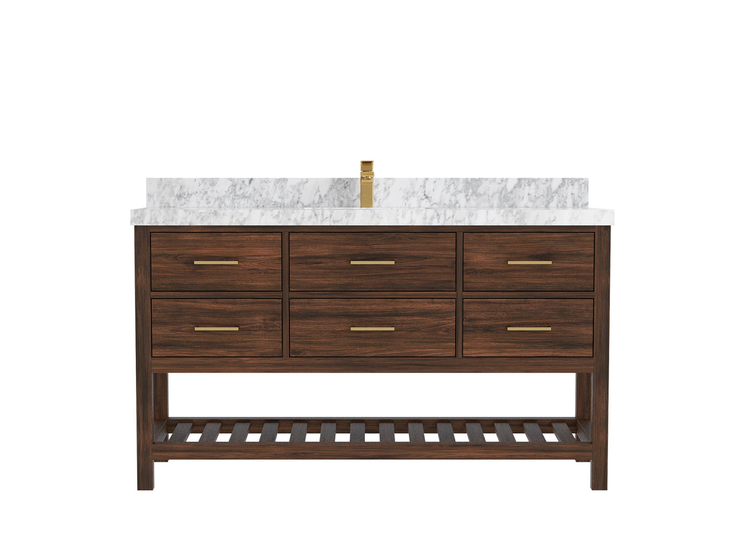 Parker Teak  60 in. W x 22 in. D Single Sink Bathroom Vanity in Dark Walnut with 2 in Carrara Marble Countertop