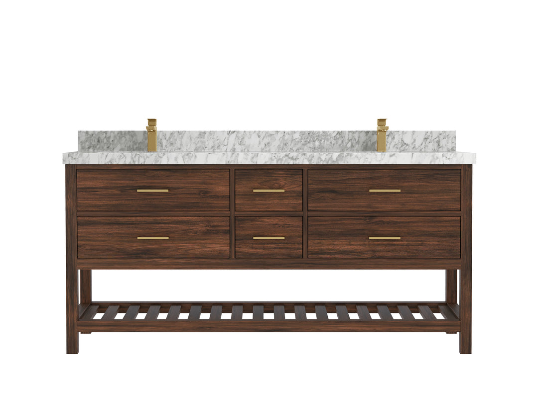 Parker Teak 72 in. W x 22 in. D double Sink Bathroom Vanity in Dark Walnut with 2 in Carrara Marble Countertop