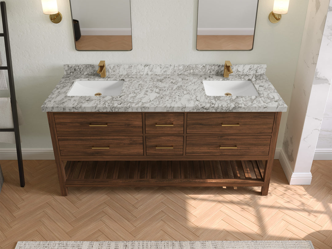 Parker Teak 72 in. W x 22 in. D double Sink Bathroom Vanity in Dark Walnut with 2 in Carrara Marble Countertop – Top View