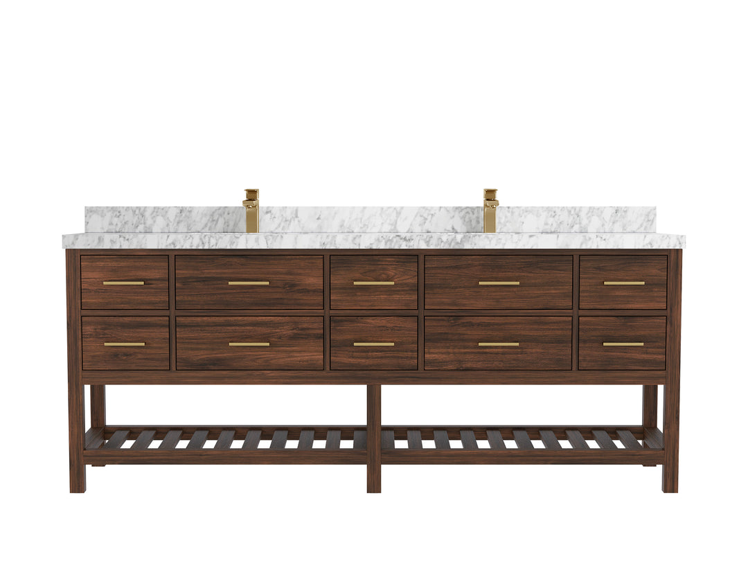 Parker Teak 84 in. W x 22 in. D double Sink Bathroom Vanity in Dark Walnut with 2 in Carrara Marble Countertop