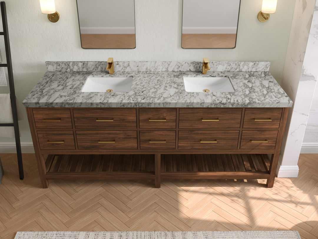 Parker Teak 84 in. W x 22 in. D double Sink Bathroom Vanity in Dark Walnut with 2 in Carrara Marble Countertop – Top View
