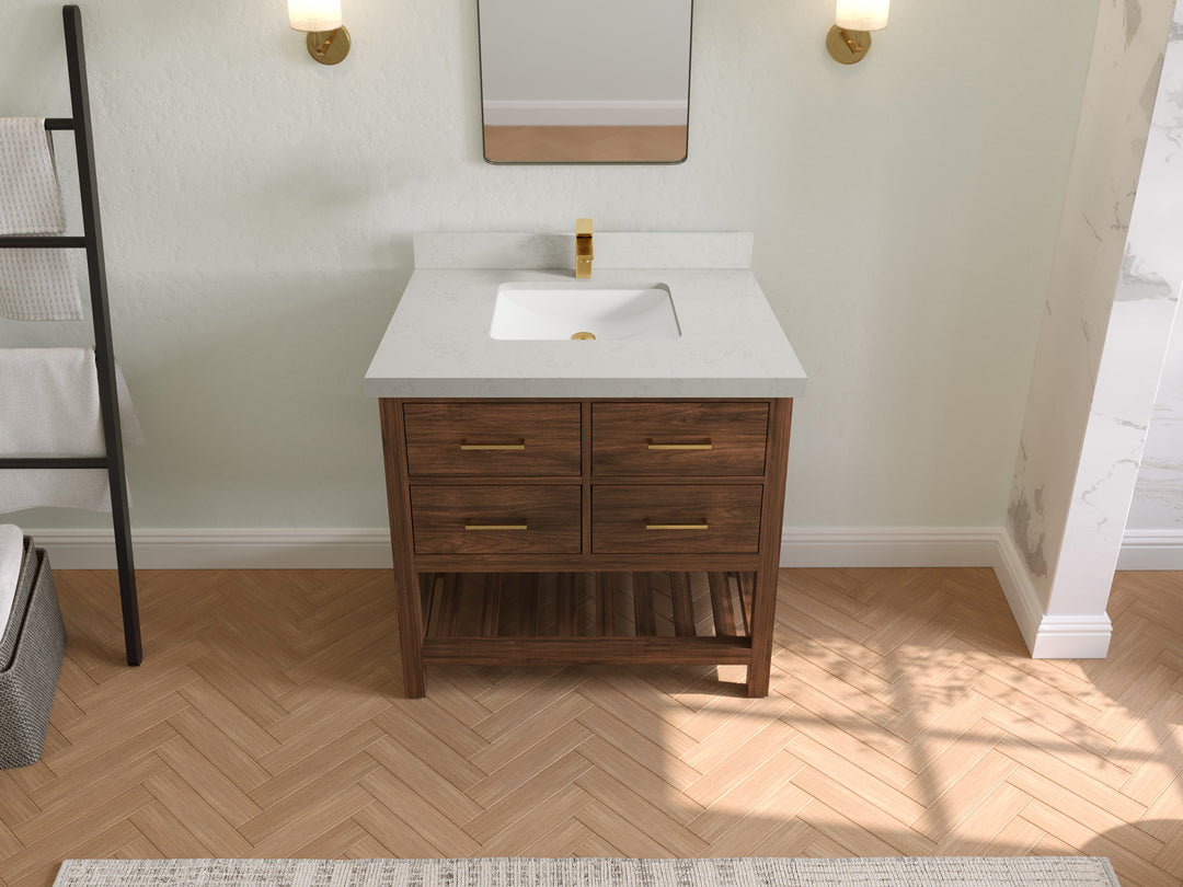 Parker Teak  36 in. W x 22 in. D Center Sink Bathroom Vanity in Dark Walnut with 2 in Carrara Quartz Countertop – Top View