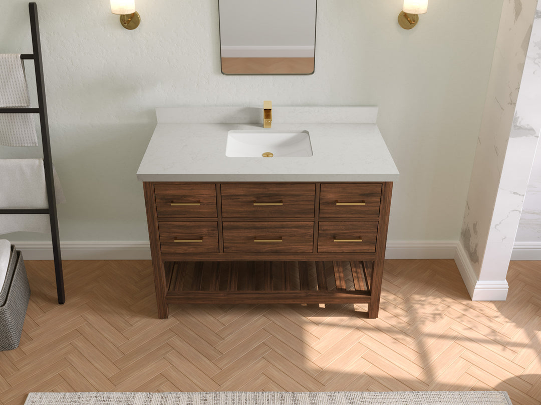 Parker Teak  48 in. W x 22 in. D Single Sink Bathroom Vanity in Dark Walnut with 2 in Carrara Quartz Countertop – Top View