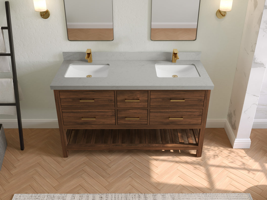 Parker Teak 60 in. W x 22 in. D double Sink Bathroom Vanity in Dark Walnut with 2 in Carrara Quartz Countertop – Top View
