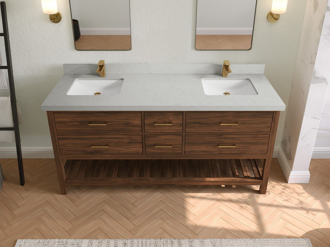 Parker Teak 72 in. W x 22 in. D double Sink Bathroom Vanity in Dark Walnut with 2 in Carrara Quartz Countertop – Top View