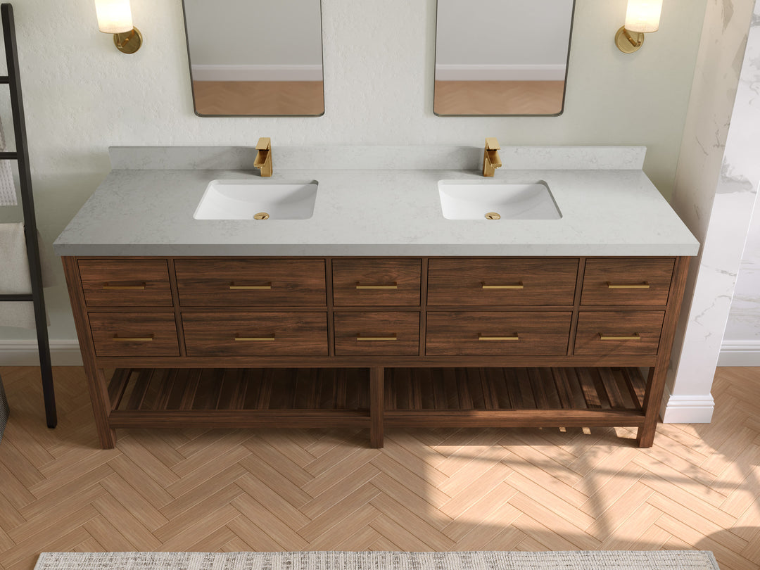 Parker Teak 84 in. W x 22 in. D double Sink Bathroom Vanity in Dark Walnut with 2 in Carrara Quartz Countertop – Top View