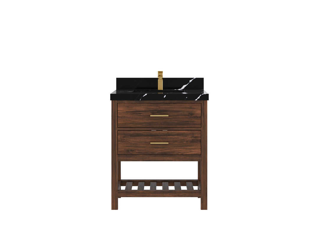 Parker Teak  30 in. W x 22 in. D Single Sink Bathroom Vanity in Dark Walnut with 2 in Calacatta Black Quartz Countertop