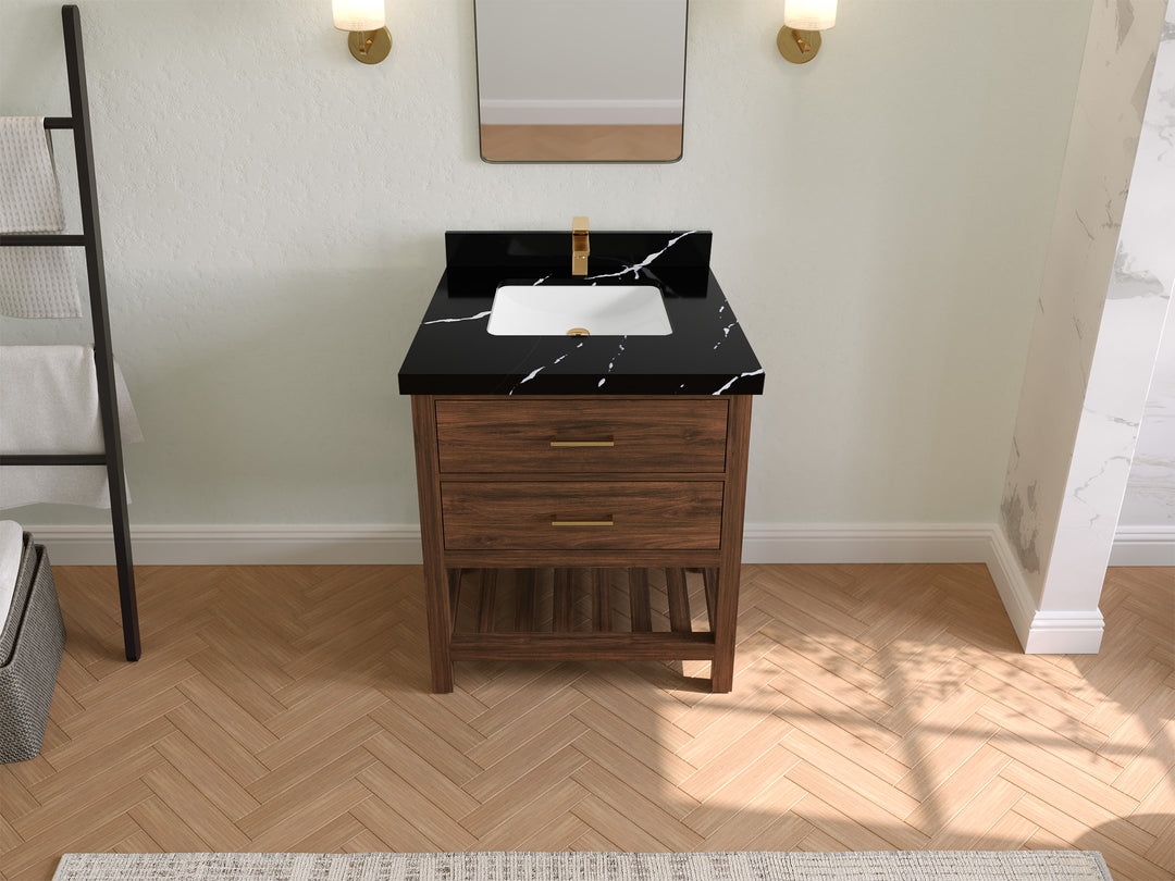 Parker Teak  30 in. W x 22 in. D Single Sink Bathroom Vanity in Dark Walnut with 2 in Calacatta Black Quartz Countertop – Top View