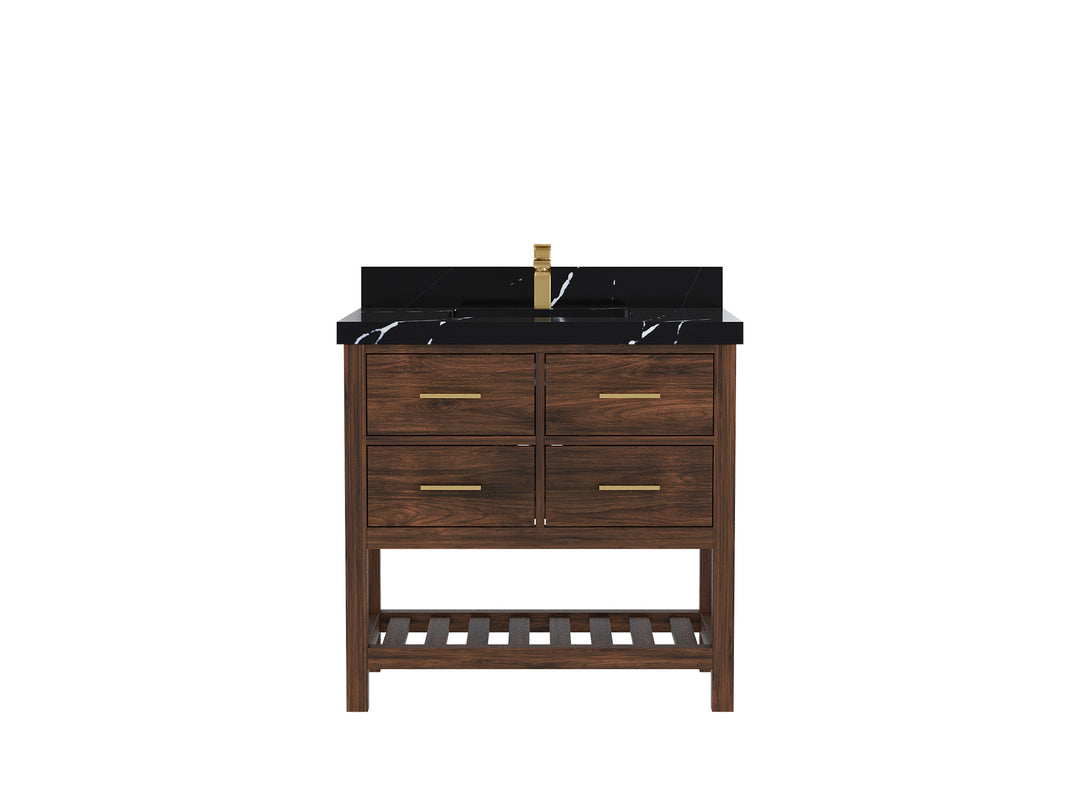 Parker Teak  36 in. W x 22 in. D Center Sink Bathroom Vanity in Dark Walnut with 2 in Calacatta Black Quartz Countertop