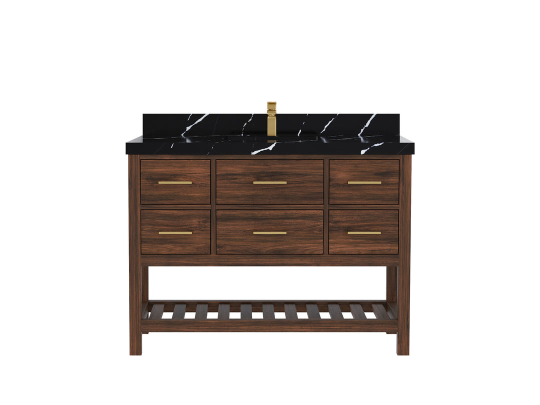 Parker Teak  48 in. W x 22 in. D Single Sink Bathroom Vanity in Dark Walnut with 2 in Calacatta Black Quartz Countertop