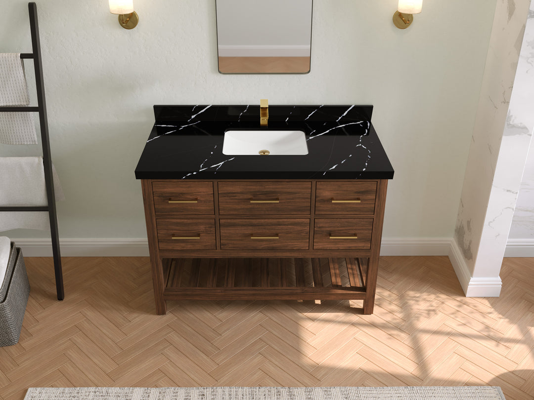 Parker Teak  48 in. W x 22 in. D Single Sink Bathroom Vanity in Dark Walnut with 2 in Calacatta Black Quartz Countertop – Top View