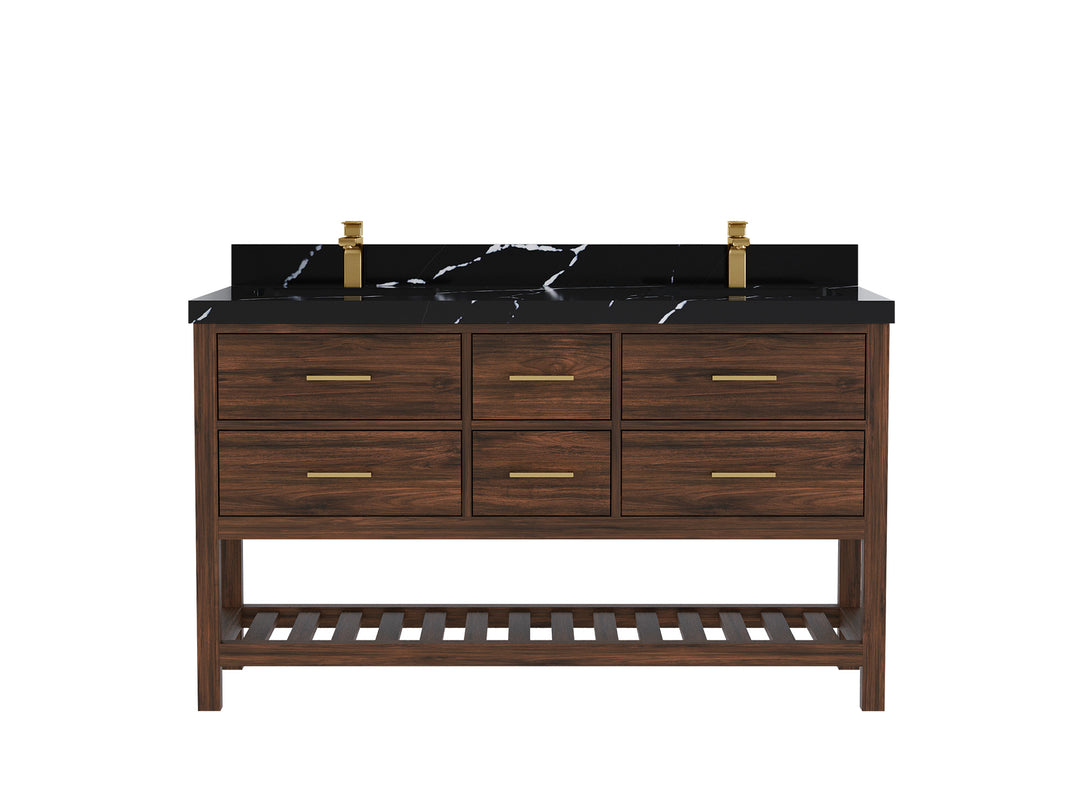 Parker Teak 60 in. W x 22 in. D double Sink Bathroom Vanity in Dark Walnut with 2 in Calacatta Black Quartz Countertop