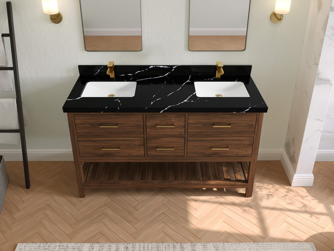 Parker Teak 60 in. W x 22 in. D double Sink Bathroom Vanity in Dark Walnut with 2 in Calacatta Black Quartz Countertop – Top View