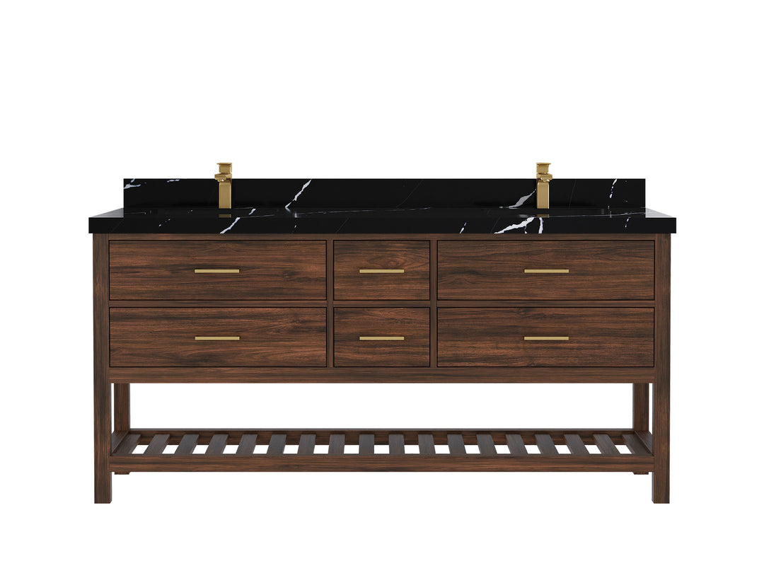 Parker Teak 72 in. W x 22 in. D double Sink Bathroom Vanity in Dark Walnut with 2 in Calacatta Black Quartz Countertop