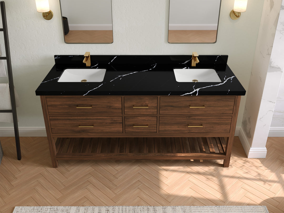 Parker Teak 72 in. W x 22 in. D double Sink Bathroom Vanity in Dark Walnut with 2 in Calacatta Black Quartz Countertop – Top View