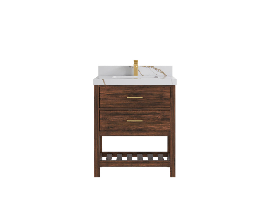 Parker Teak  30 in. W x 22 in. D  Single  Sink Bathroom Vanity in Dark Walnut with 2 in Calacatta Gold Quartz Countertop