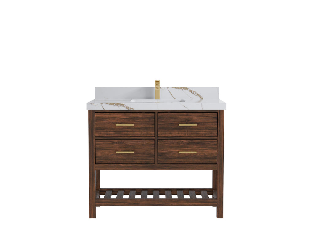 Parker Teak  42 in. W x 22 in. D  Single  Sink Bathroom Vanity in Dark Walnut with 2 in Calacatta Gold Quartz Countertop