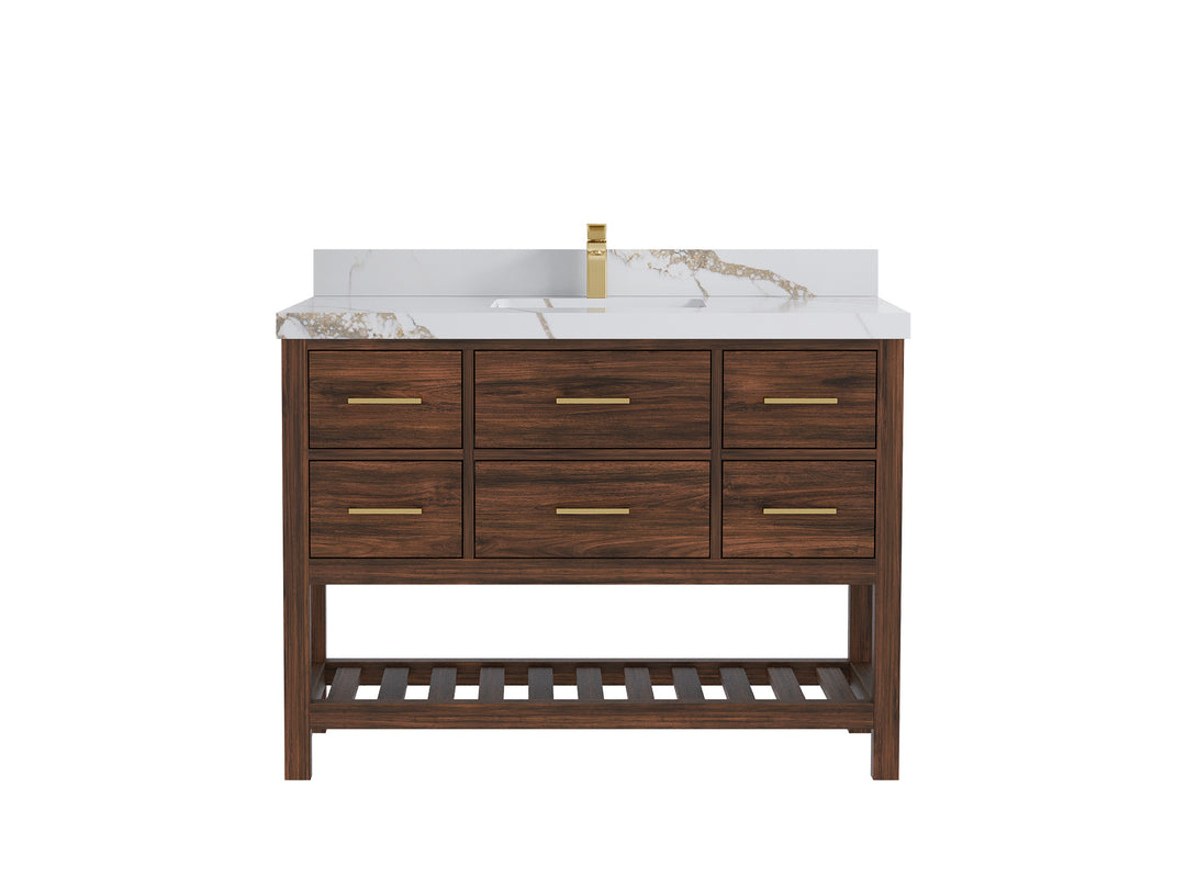 Parker Teak  48 in. W x 22 in. D  Single  Sink Bathroom Vanity in Dark Walnut with 2 in Calacatta Gold Quartz Countertop