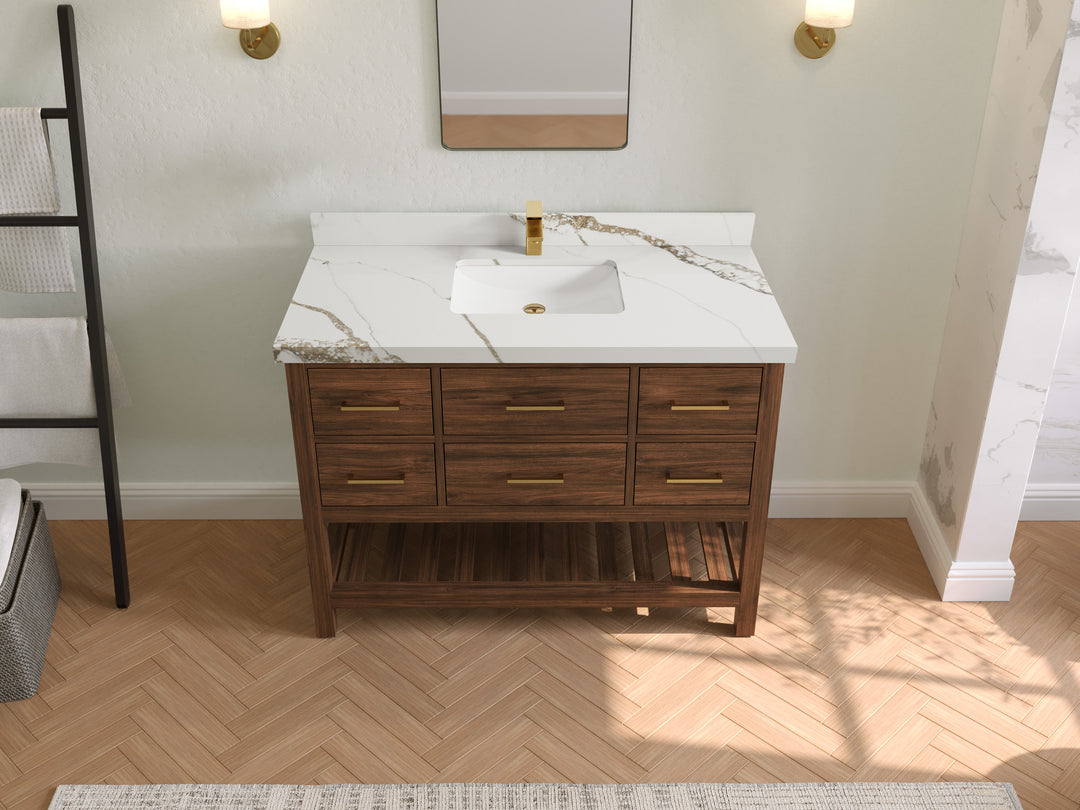 Parker Teak  48 in. W x 22 in. D Single Sink Bathroom Vanity in Dark Walnut with 2 in Calacatta Gold Quartz Countertop – Top View
