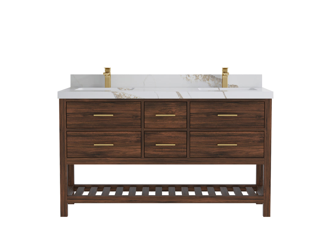 Parker Teak 60 in. W x 22 in. D double Sink Bathroom Vanity in Dark Walnut with 2 Calacatta Gold Quartz Countertop