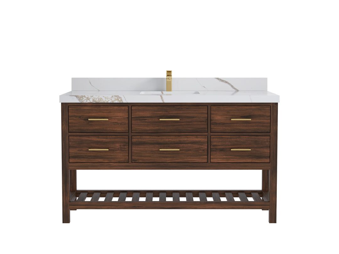 Parker Teak  60 in. W x 22 in. D  Single  Sink Bathroom Vanity in Dark Walnut with 2 in Calacatta Gold Quartz Countertop
