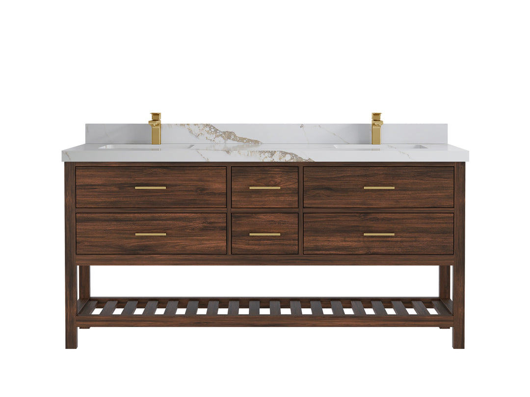 Parker Teak 72 in. W x 22 in. D double Sink Bathroom Vanity in Dark Walnut with 2 Calacatta Gold Quartz Countertop