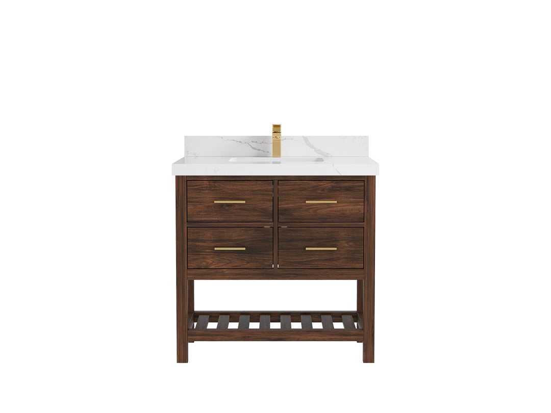 Parker Teak  36 in. W x 22 in. D Center Sink Bathroom Vanity in Dark Walnut with 2 in Calacatta Laza Quartz Countertop