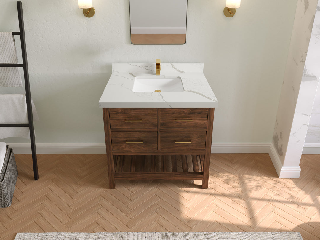 Parker Teak  36 in. W x 22 in. D Center Sink Bathroom Vanity in Dark Walnut with 2 in Calacatta Laza Quartz Countertop – Top View