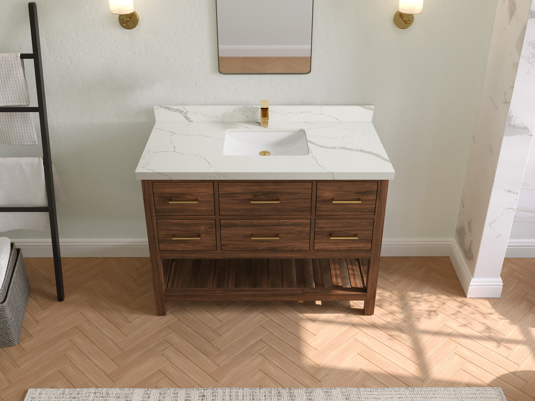 Parker Teak  48 in. W x 22 in. D Single Sink Bathroom Vanity in Dark Walnut with 2 in Calacatta Laza Quartz Countertop – Top View