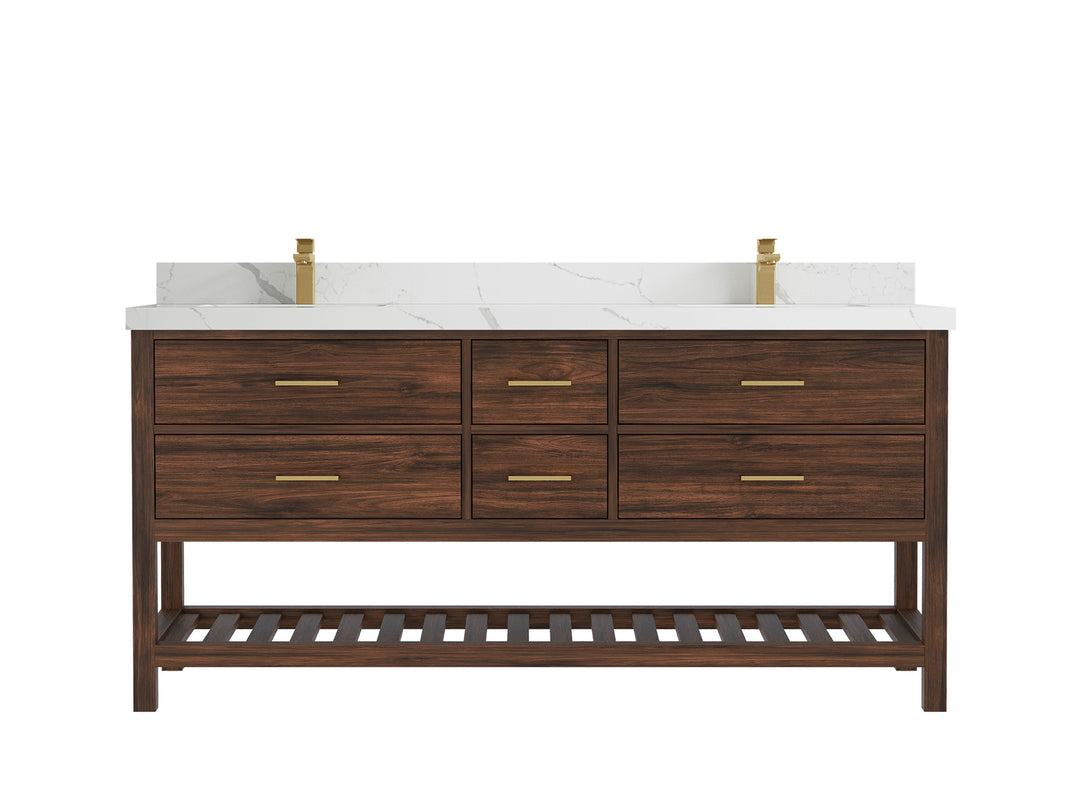 Parker Teak 72 in. W x 22 in. D double Sink Bathroom Vanity in Dark Walnut with 2 in Calacatta Laza Quartz Countertop