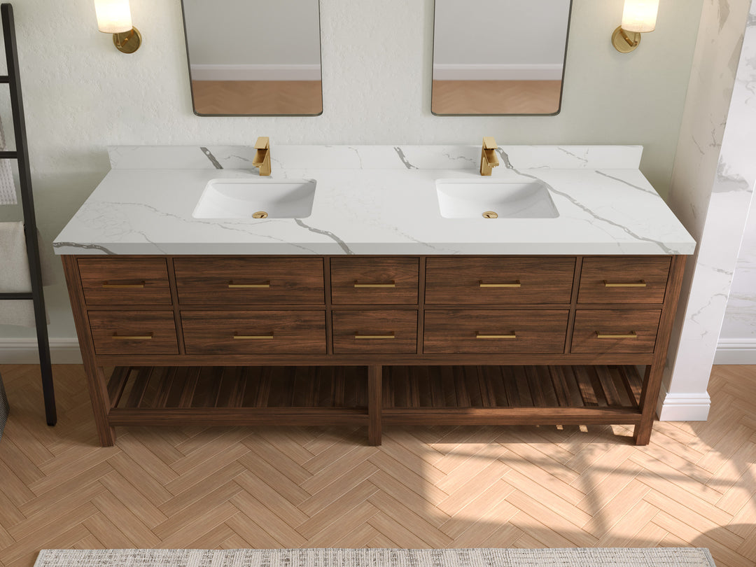 Parker Teak 84 in. W x 22 in. D double Sink Bathroom Vanity in Dark Walnut with 2 in Calacatta Laza Quartz Countertop – Top View
