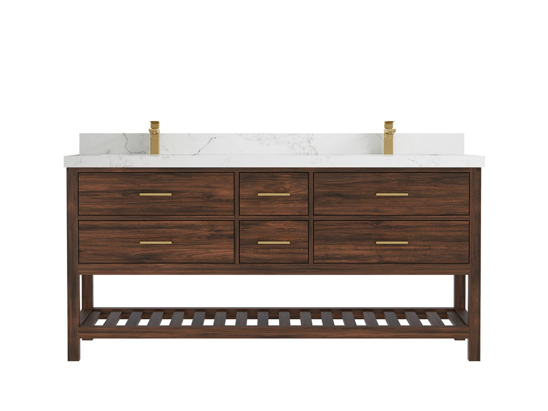 Parker Teak 72 in. W x 22 in. D double Sink Bathroom Vanity in Dark Walnut with 2 in Calacatta Nuvo Quartz Countertop