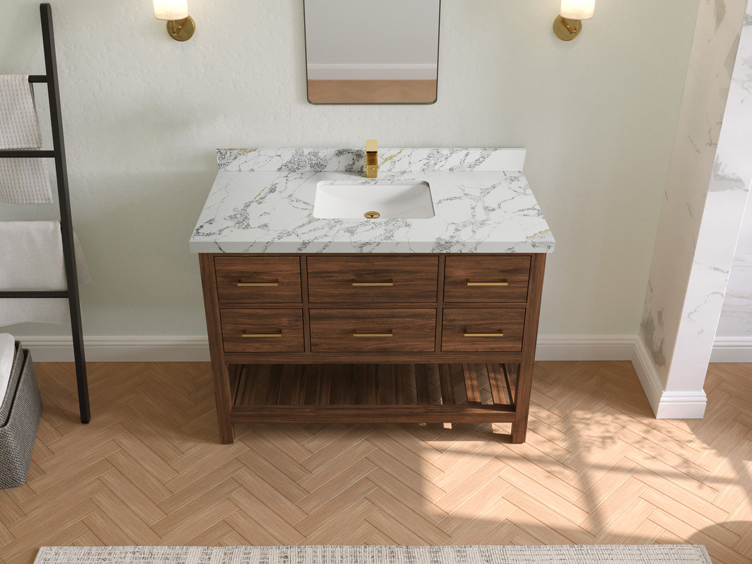 Parker Teak  48 in. W x 22 in. D Single Sink Bathroom Vanity in Dark Walnut with 2 in Poanazzo Quartz Countertop – Top View