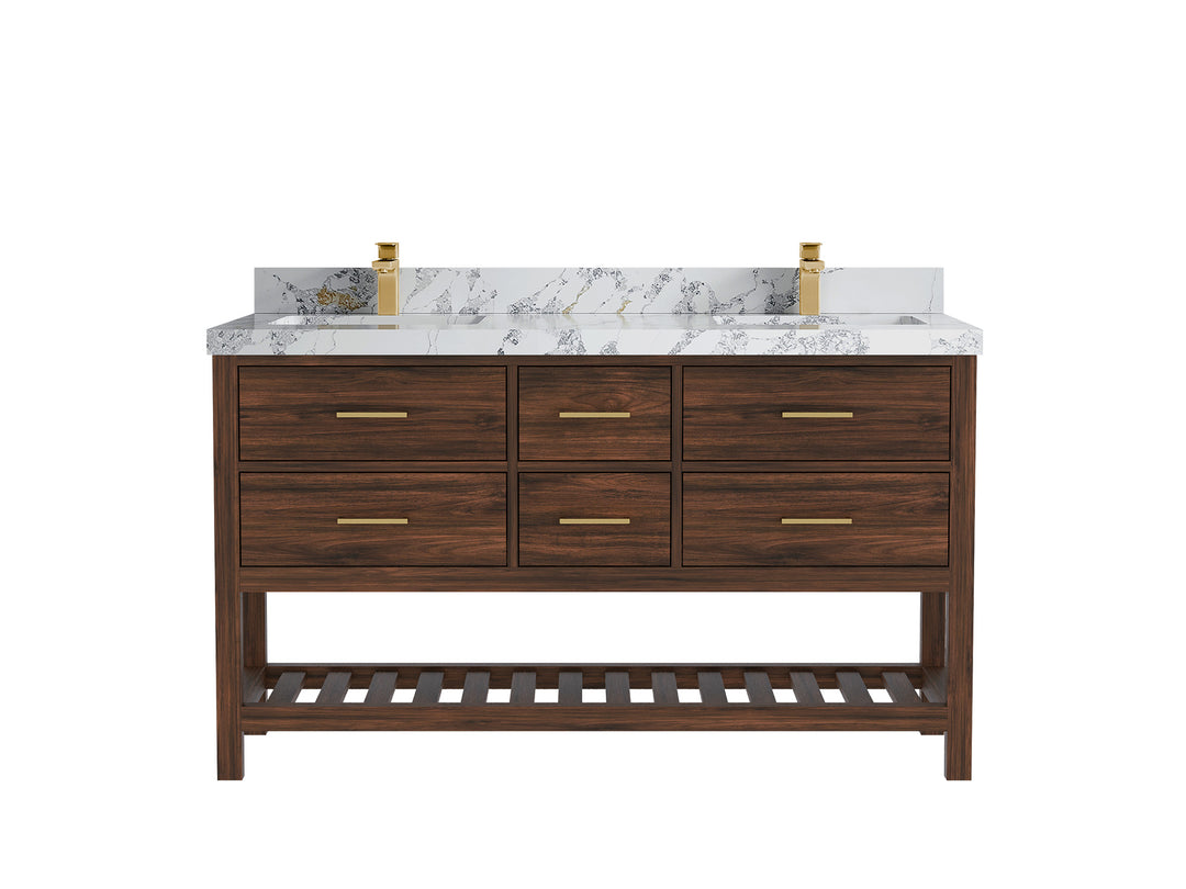 Parker Teak 60 in. W x 22 in. D double Sink Bathroom Vanity in Dark Walnut with 2 in Poanazzo Quartz Countertop