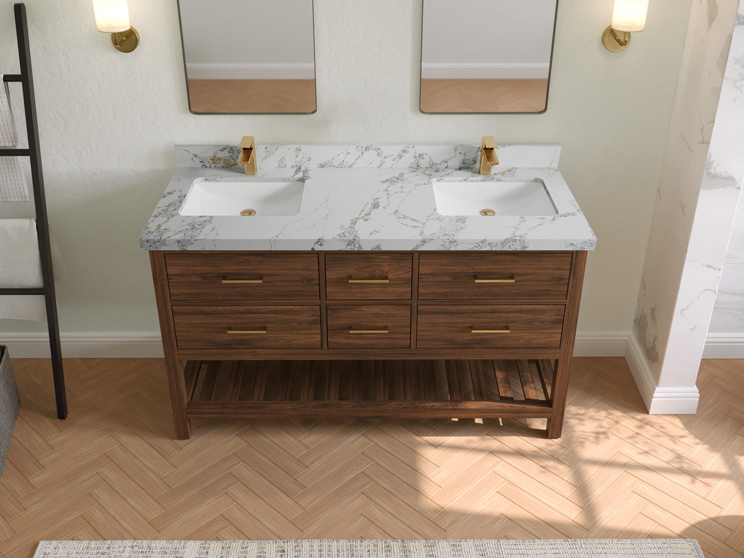 Parker Teak 60 in. W x 22 in. D double Sink Bathroom Vanity in Dark Walnut with 2 in Poanazzo Quartz Countertop – Top View