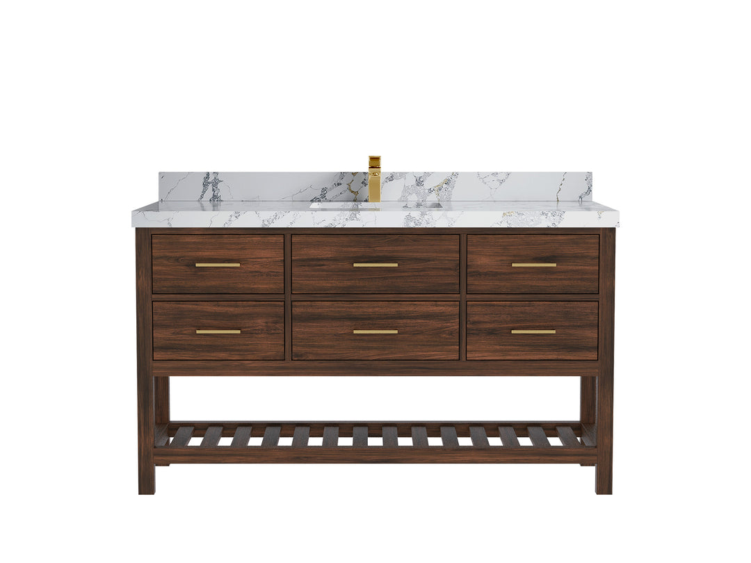 Parker Teak  60 in. W x 22 in. D Single Sink Bathroom Vanity in Dark Walnut with 2 in Poanazzo Quartz Countertop