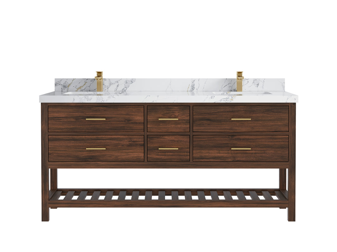 Parker Teak 72 in. W x 22 in. D double Sink Bathroom Vanity in Dark Walnut with 2 in Poanazzo Quartz Countertop