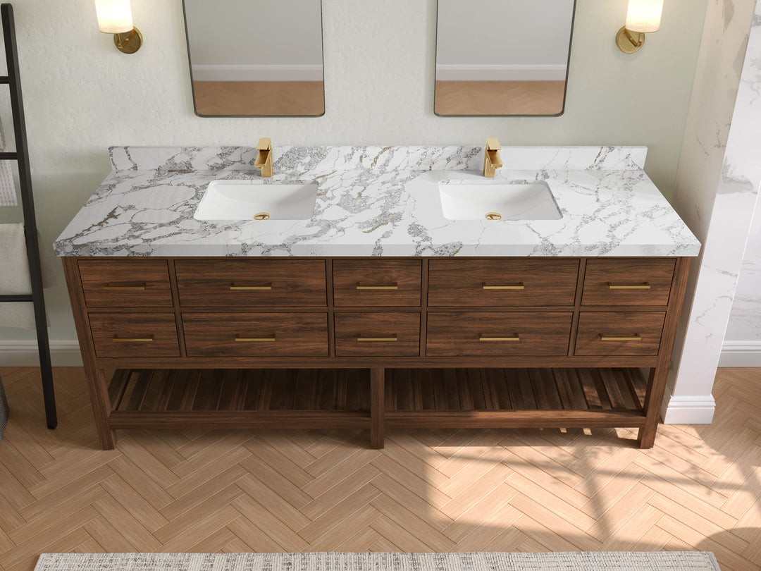 Parker Teak 84 in. W x 22 in. D double Sink Bathroom Vanity in Dark Walnut with 2 in Poanazzo Quartz Countertop – Top View