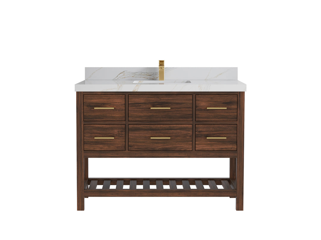Parker Teak  48 in. W x 22 in. D  Single  Sink Bathroom Vanity in Dark Walnut with 2 in Calacatta Sienna Quartz Countertop