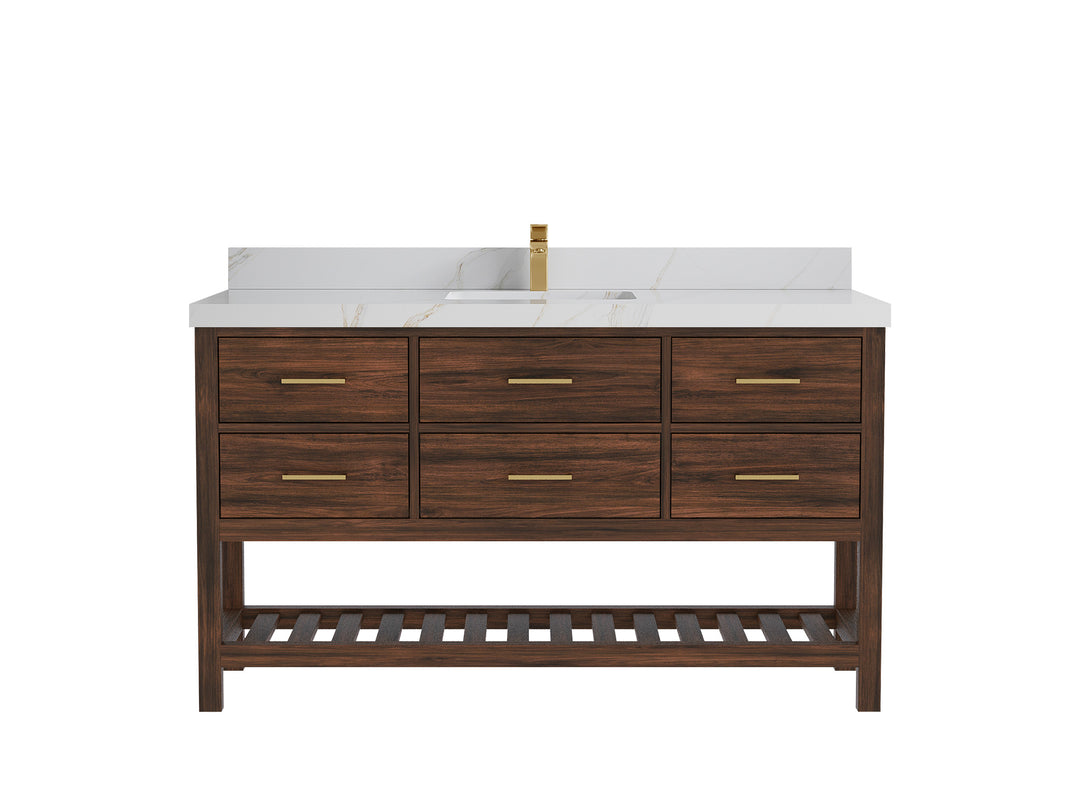 Parker Teak  60 in. W x 22 in. D  Single  Sink Bathroom Vanity in Dark Walnut with 2 in Calacatta Sienna Quartz Countertop