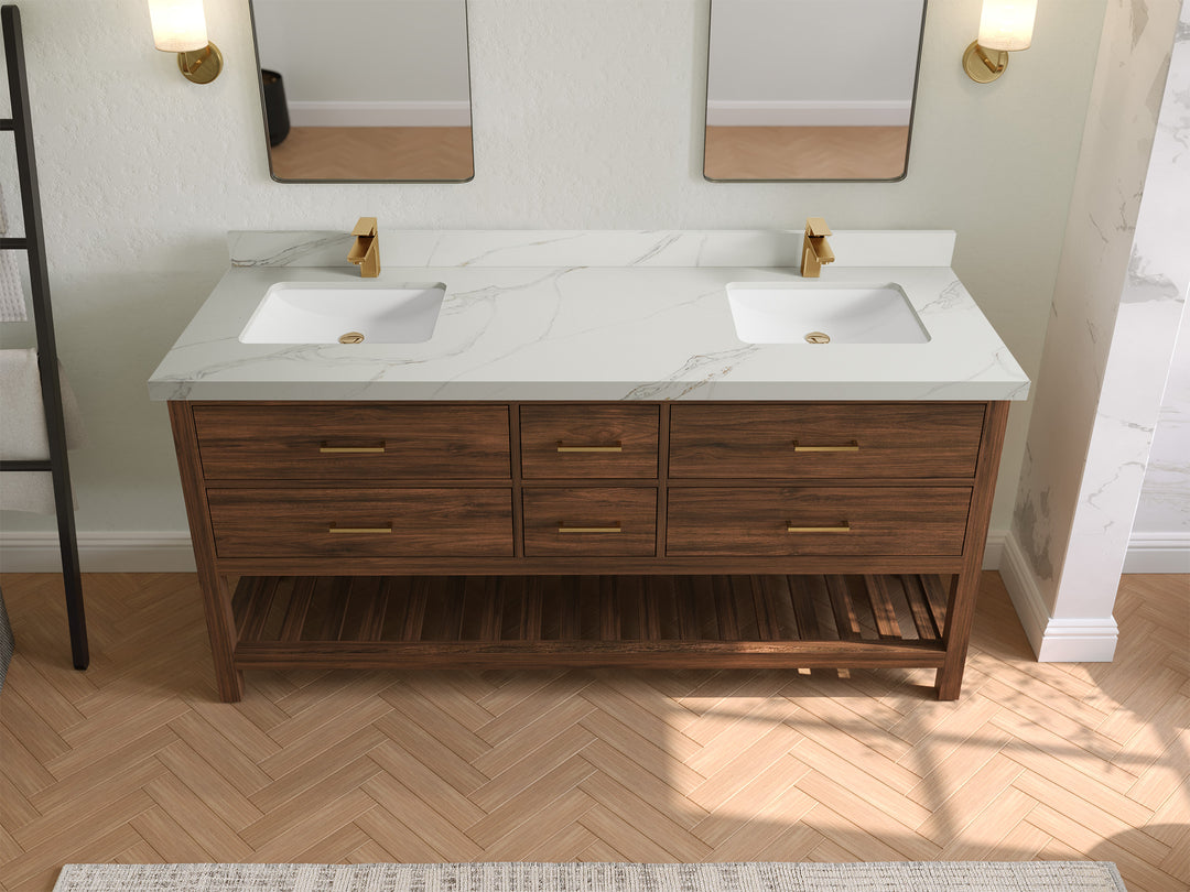 Parker Teak 72 in. W x 22 in. D double Sink Bathroom Vanity in Dark Walnut with 2 in Calacatta Sienna Quartz Countertop – Top View