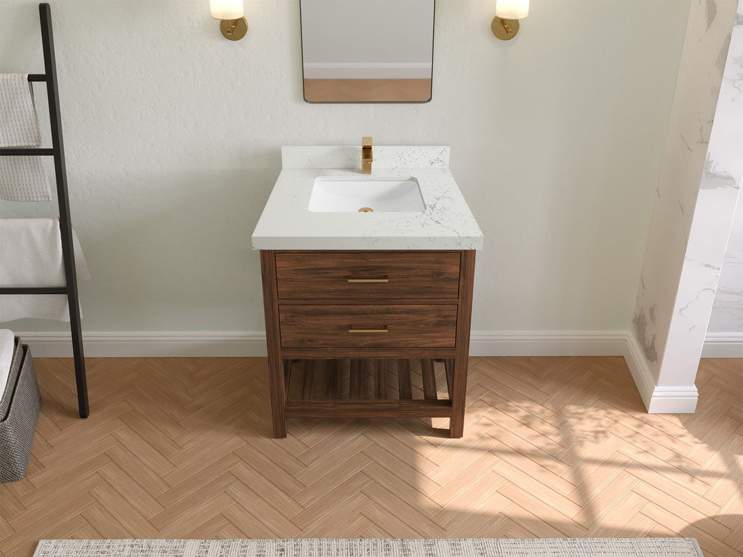 Parker Teak  30 in. W x 22 in. D Single Sink Bathroom Vanity in Dark Walnut with 2 in Empira White Quartz Countertop – Top View