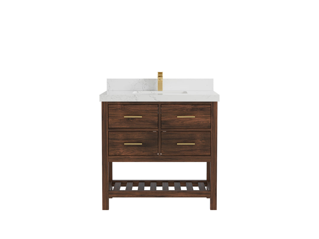Parker Teak  36 in. W x 22 in. D Center Sink Bathroom Vanity in Dark Walnut with 2 in Empira White Quartz Countertop