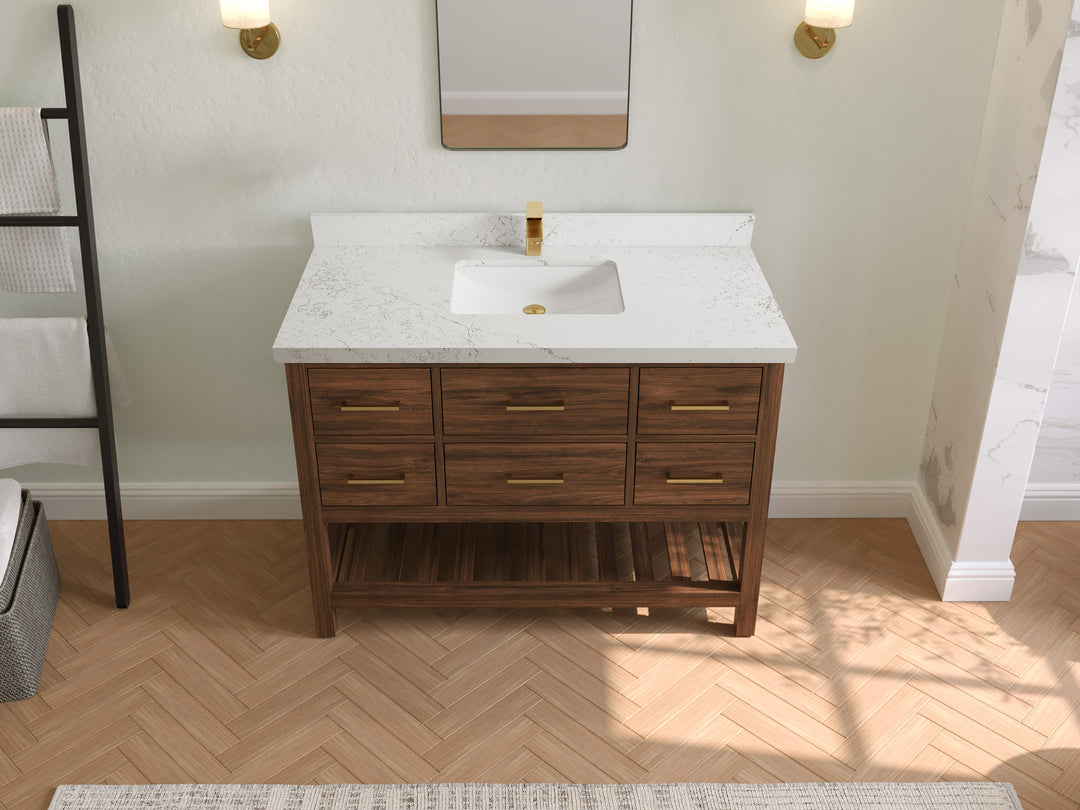 Parker Teak  48 in. W x 22 in. D Single Sink Bathroom Vanity in Dark Walnut with 2 in Empira White Quartz Countertop – Top View