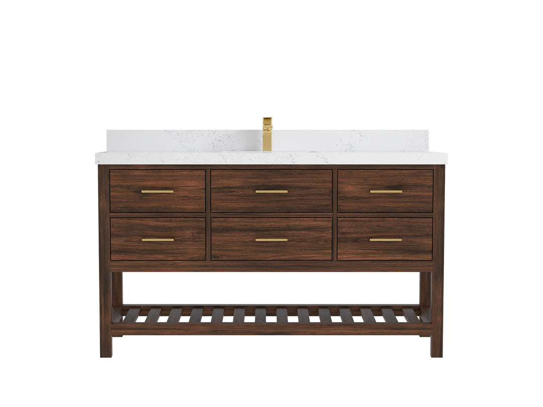 Parker Teak  60 in. W x 22 in. D Single Sink Bathroom Vanity in Dark Walnut with 2 in Empira White Quartz Countertop
