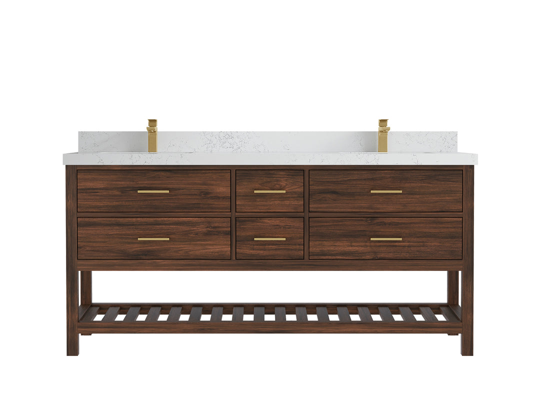Parker Teak 72 in. W x 22 in. D double Sink Bathroom Vanity in Dark Walnut with 2 in Empira White Quartz Countertop