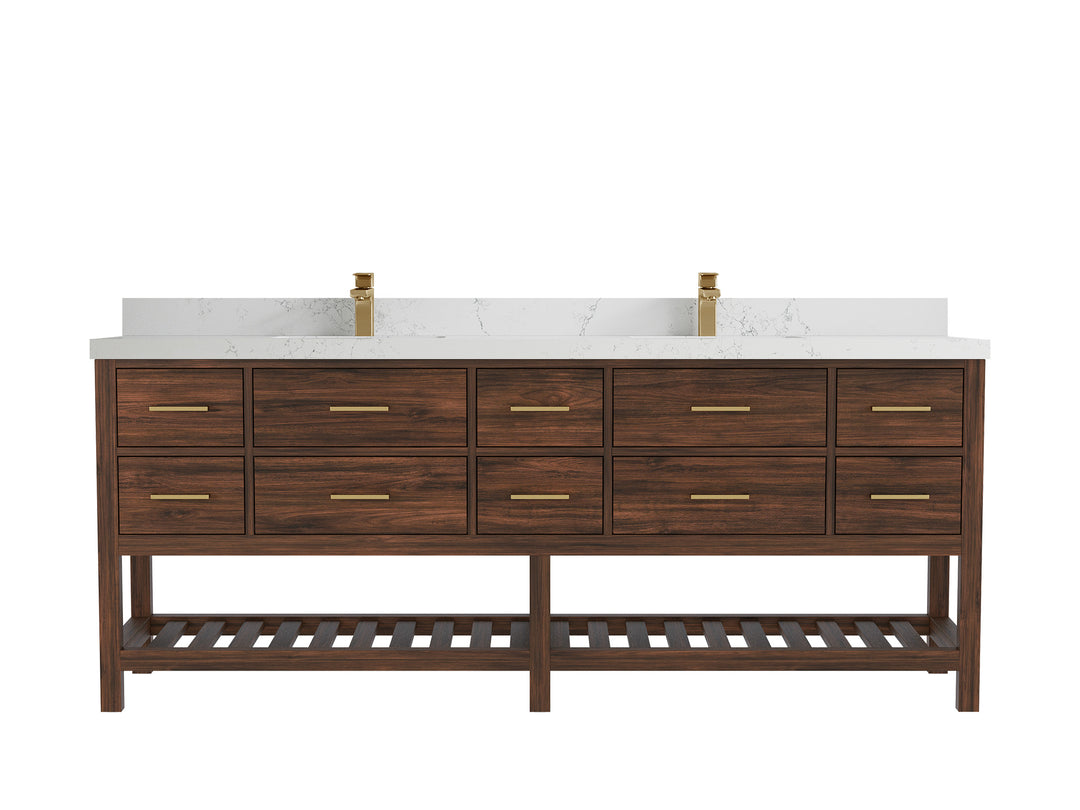 Parker Teak 84 in. W x 22 in. D double Sink Bathroom Vanity in Dark Walnut with 2 in Empira White Quartz Countertop